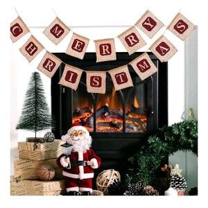 NEW Burlap Merry Christmas Banner Burlap Red Letters Rustic Holiday Decoration